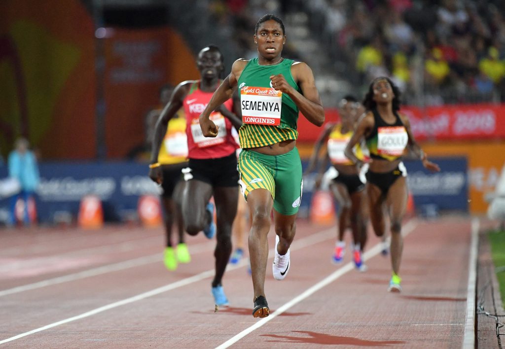  South Africa's Caster Semenya competes in the athletics women's 800m final during the 2018 Gold Coast Commonwealth Games at the Carrara Stadium on the Gold Coast on April 13, 2018. A top European court will decide on July 10, 2025 whether double Olympic champion Caster Semenya can be required to lower her testosterone levels to compete as a woman, in a key decision on contested gender testing. 