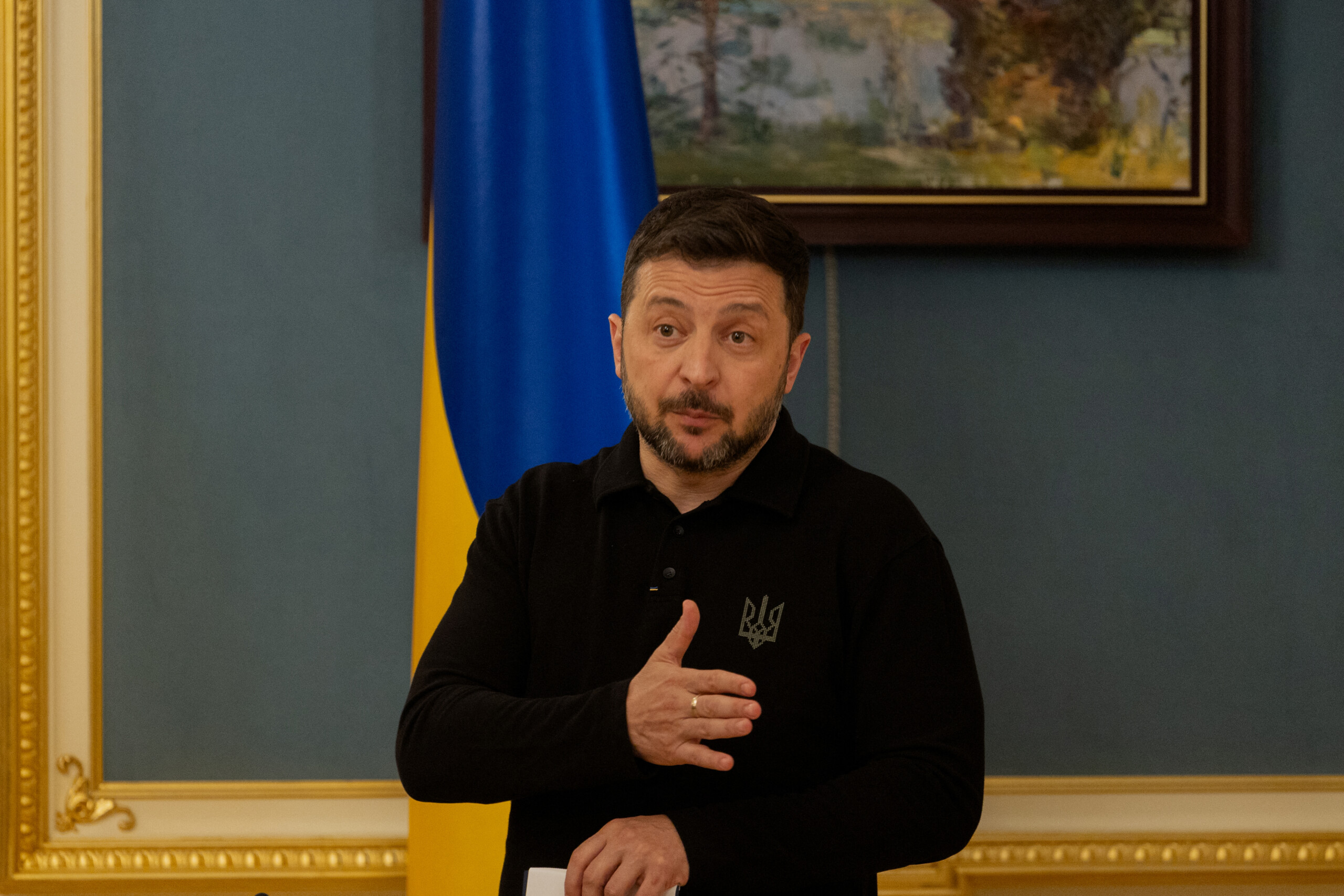 Ukraine's President Volodymyr Zelensky delivers a press conference in Kyiv on April 22, 2025, amid the Russian invasion of Ukraine.