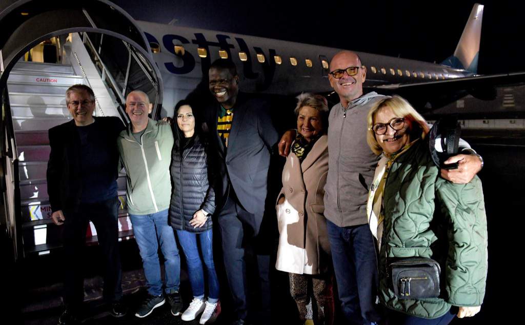 The two South African engineers who where jailed in Equatorial Guinea for more than two years, Frik Potgieter and Peter Huxham, arrived back home after being given a Presidential pardon. PHOTO: X/@Ronald Lamola