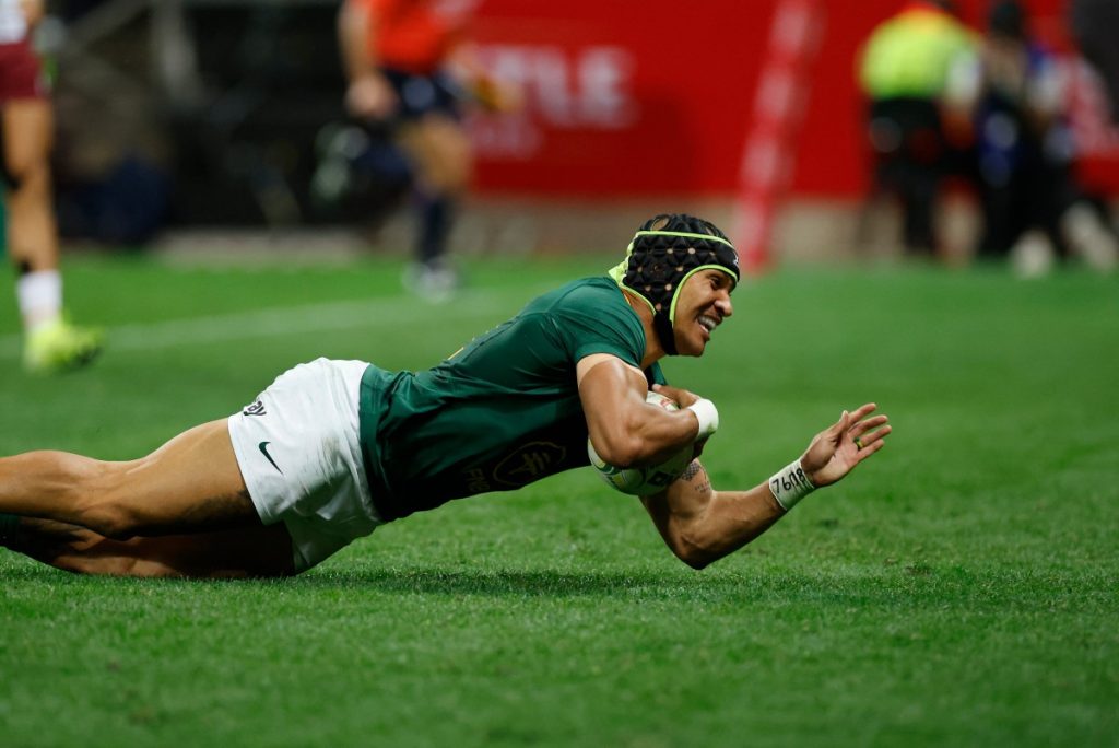 Springbok wing Edwill van der Merwe scores a try during the international rugby union Test match between South Africa and Georgia.