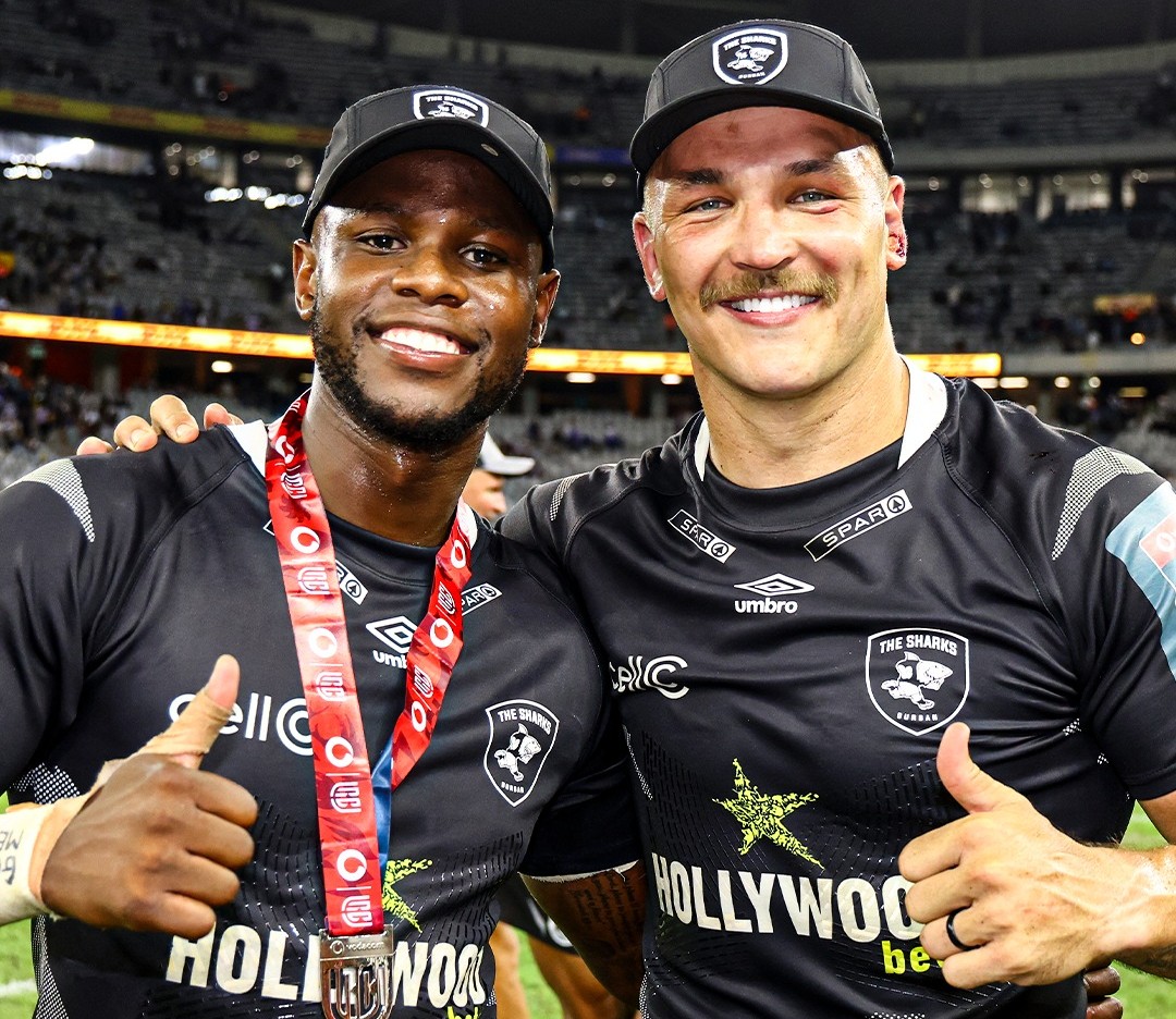 FAssi and ESterhuizen were all smiles after the Sharks beat the Stormers for the first time in Cape Town in the URC.