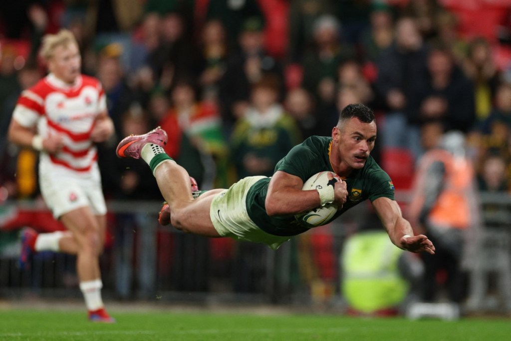 South Africa's centre Jesse Kriel dives over the line to score a try during the Autumn Nations Series international rugby union match between South Africa and Japan at Wembley Stadium in  London. PHOTO: AFP