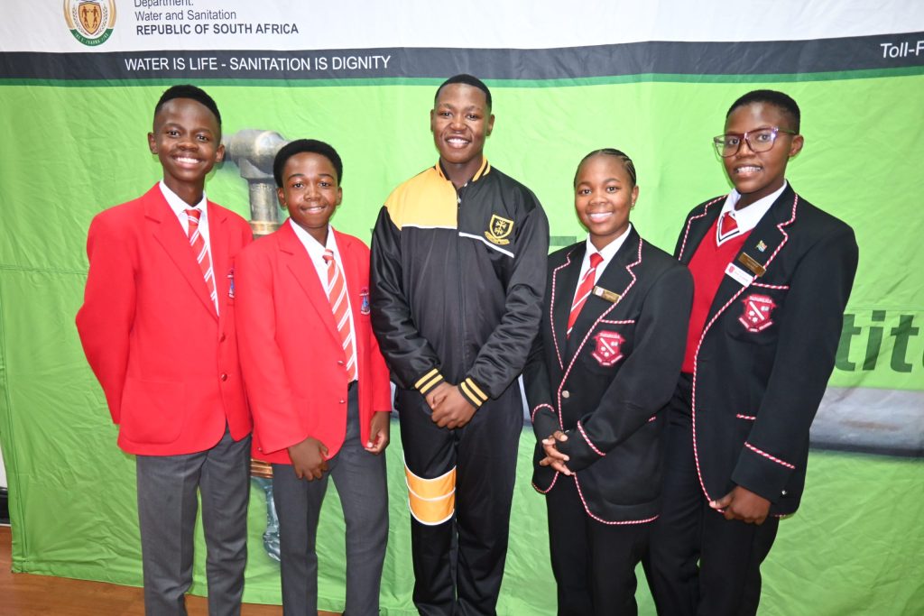 The winners of the competition are from the left are in third place Palesa Mohau, Paledi Amohelang (gr. 9) from students of the Sechaba se Maketse High School, Oratile Motseki from Mamellang Thuto High School was the winner and Paledi Momehelang and Nobeta Zimkhitha from the Nanabolela High School was second.