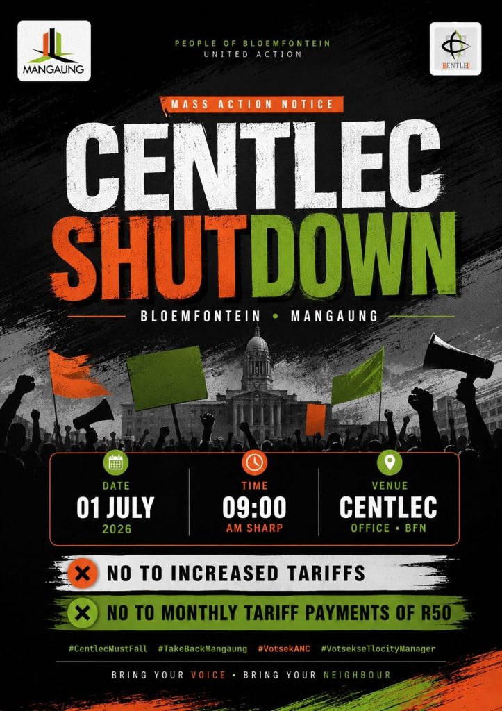 A poster on social media calling for a mass action against Centlec's increased tariffs and a basic charge of R50.