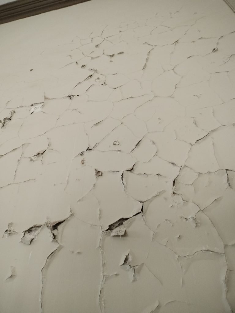 'n Onlangse foto van die waterskade aan een van die mure in 'n kamer in die museum.