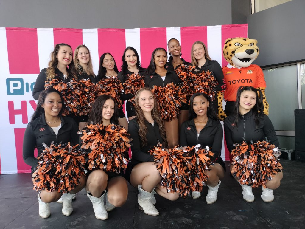 The Cheetah Cheerleaders and mascot at the re-opening of Pick n Pay Hypermarket.