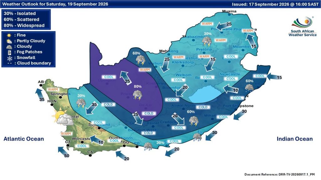 Rain predictions for South Africa for Saturday 19 September.