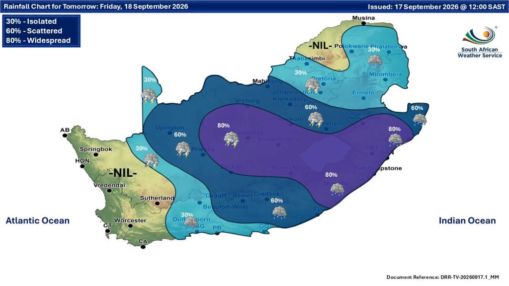 The South African Weather Service's prediction for today.