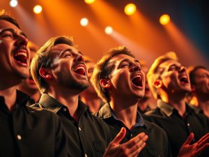 Mannekoor vier 25 j. met fees van stemme