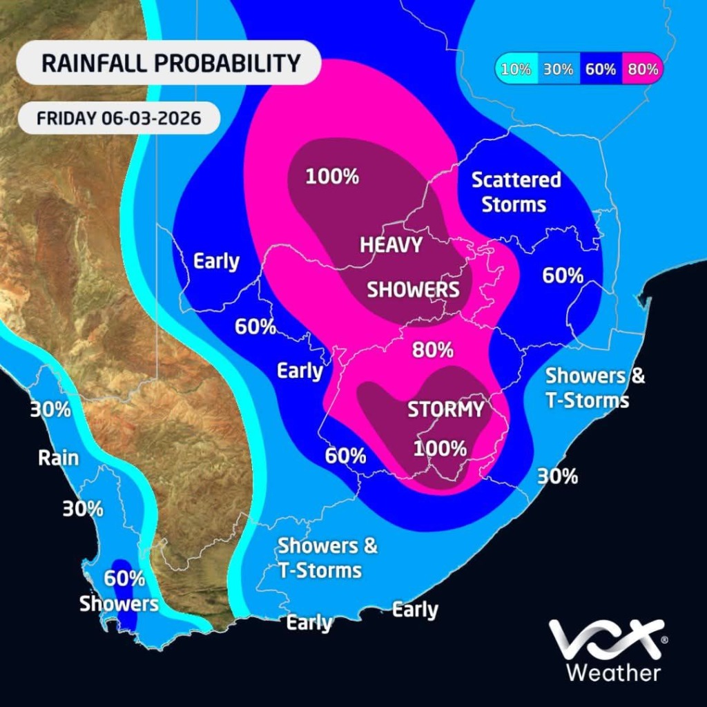 Stormweer word voorspel vir Vrydag 6 Maart.