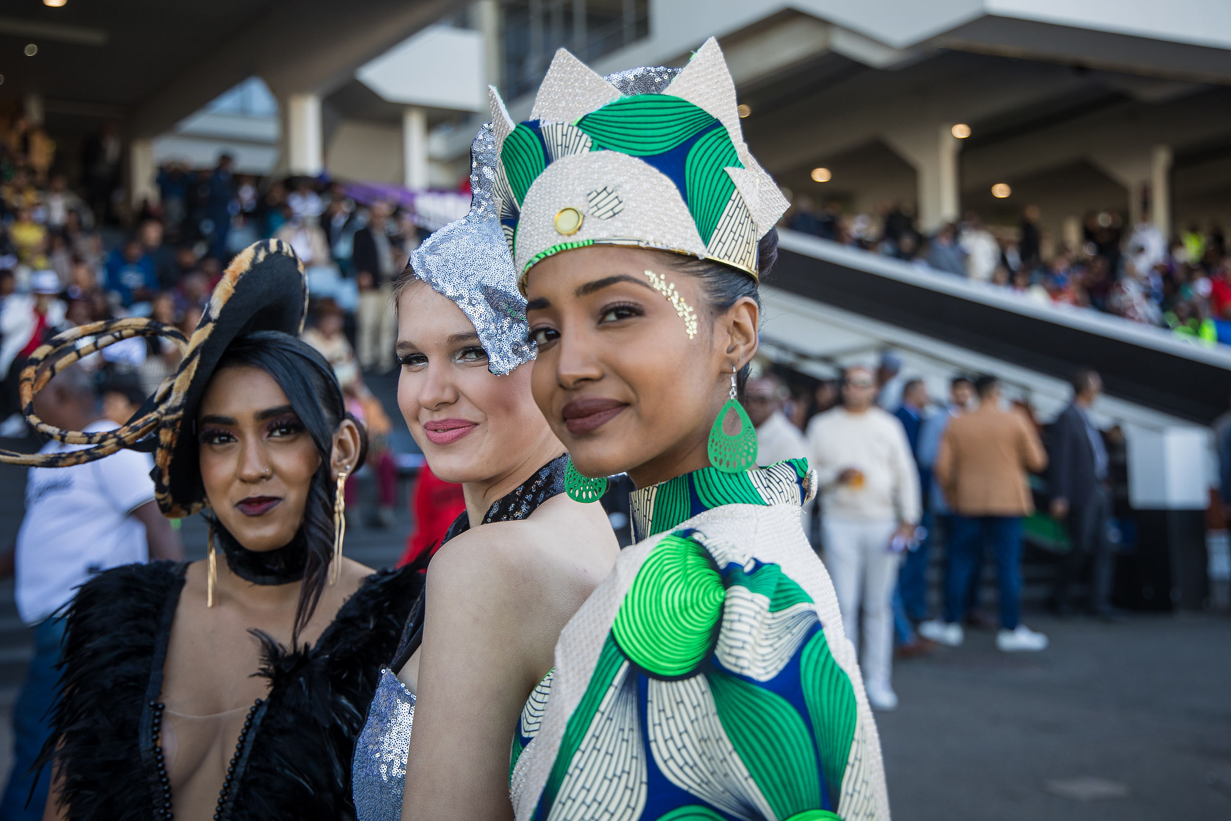 Simryn Sawrimoothu (from left), Cyanne Axelson and Annalize Biechook brought a touch of glamour to the Hollywoodbets Durban July on Saturday.