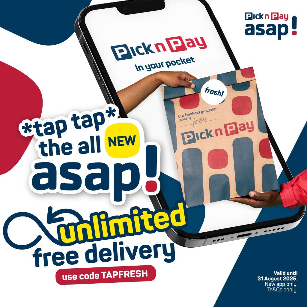 Pick n Pay promotional banner featuring a smartphone in jeans pocket showing the asap app.