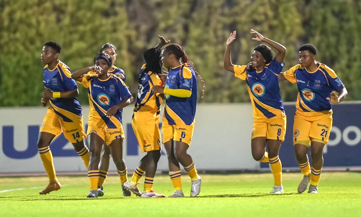 UWC players celebrate Thembelihle Zulu's decisive 66th-minute winner against Wits. The reigning champions will face UJ in Friday's final as they bid to retain their crown. Photo: Christiaan Kotze/ASEM Engage