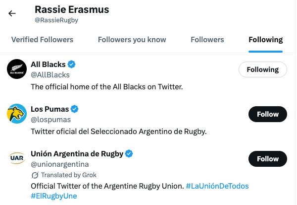 Rassie Erasmus volg nét vir Argentinië en Nieu-Seeland se rugbyspanne op X
