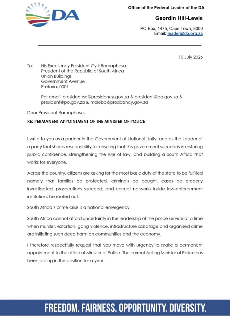 DA se brief aan Pres. Cyril Ramaphosa