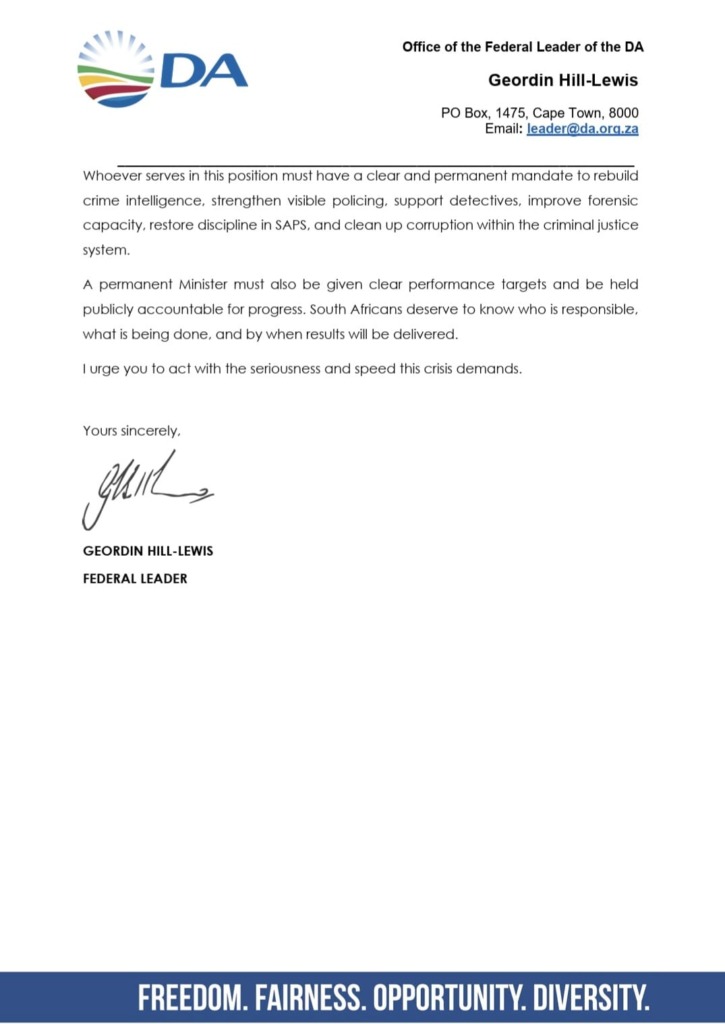 DA se brief aan Pres. Cyril Ramaphosa