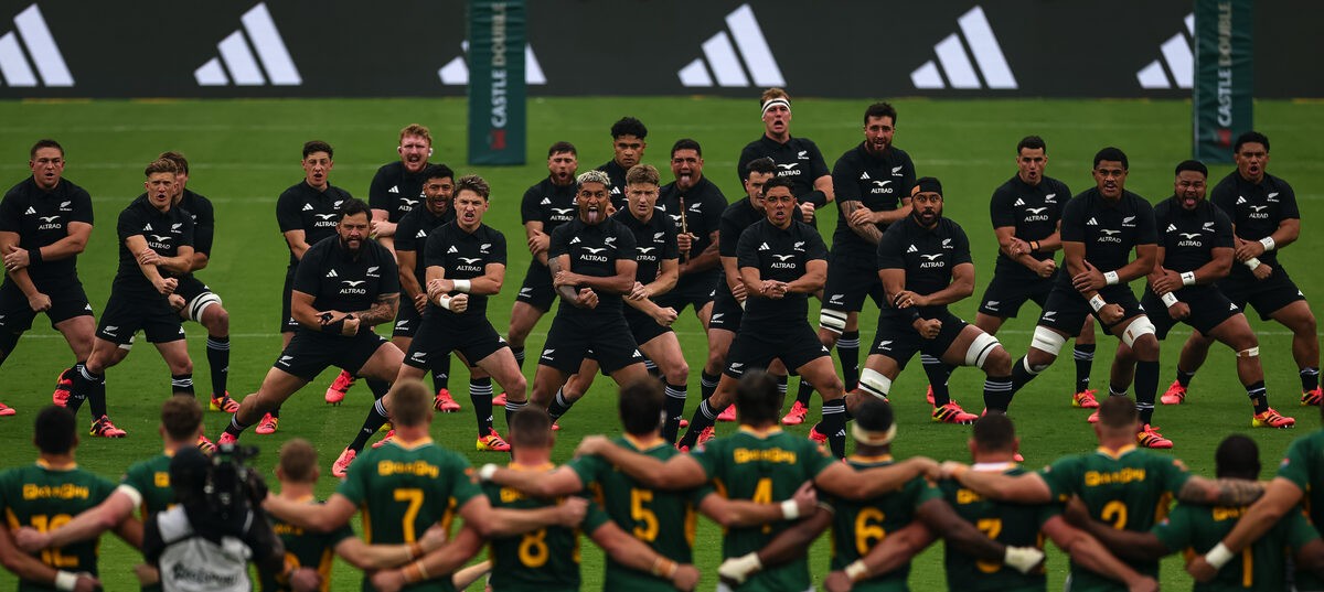 Die All Blacks tydens hul haka voor die Bok-kragmeting in Baltimore. Foto: Scott Taetsch - World Rugby/World Rugby via Getty Images.