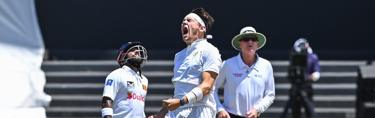 Gerald Coetzee vier die paaltjie van Dinesh Chandimal van Sri Lanka in Durban in sy laaste toets in 2024. Foto: Darren Stewart, Gallo.
