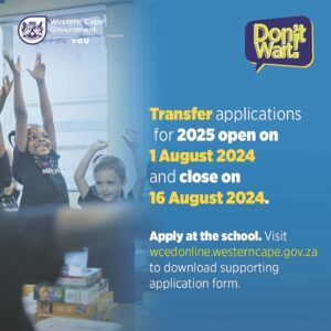 Applications for Grade R and Grade 2-7, 9-12 transfers are now open