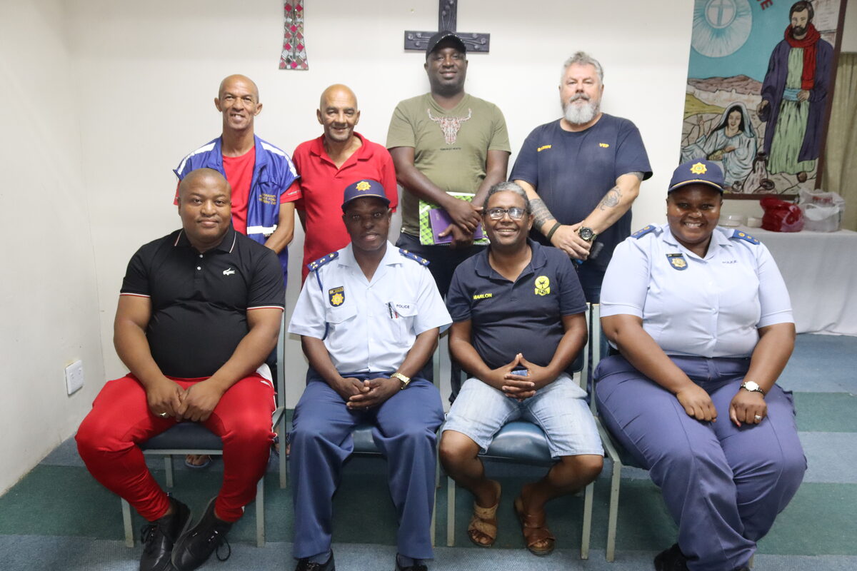 The newly elected executive committee for the Khayelitsha sub-district. Back: Niklaas Thysen (public relations officer), Dean Rulse (representative for the provincial Department of Police Oversight and Community Safety), Phindile George (deputy secretary) and Donovan Brown. Front: Simphiwe Mqulwana (deputy chairperson), Brigadier Mnoneleli Magobiyane (police commissioner for Khayelitsha sub-district), Marlon Solomons (chairperson) and Colonel Khunjulwa Khanyile (Strand police station commander). Absent: Nomfundo Ntelezi (treasurer) and Lunga Guza (project coordinator).