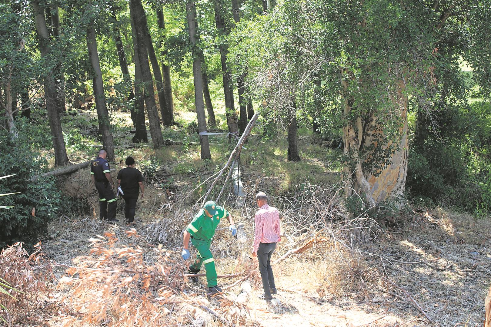 Polisiebeamptes en nooddienspersoneel op die tonee