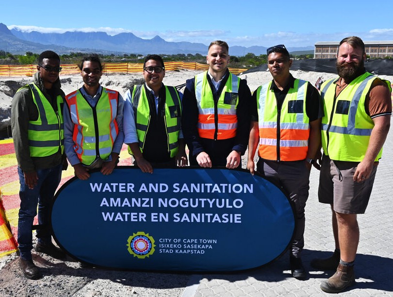 Water and Sanitation team with contractors, including Councillor Zahid Badroodien, at the Zandvliet Pump Station site.