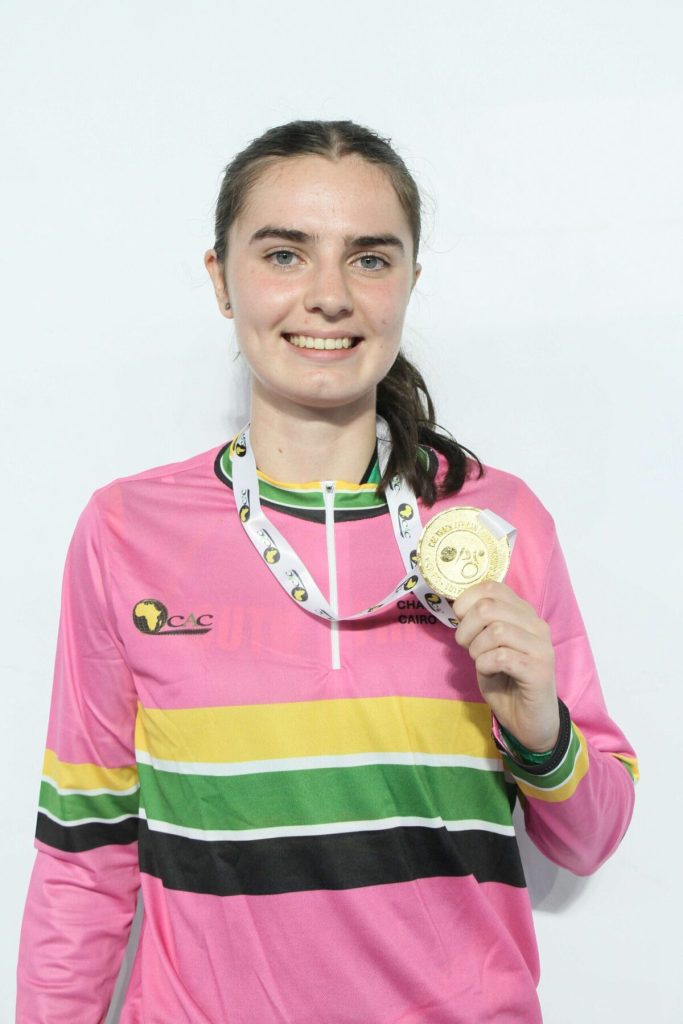 Nikalau Volsteedt with her gold medal obtained at the African Continental Track Cycling Championships.