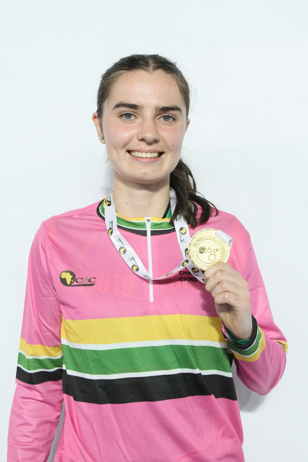 Nikalau Volsteedt with her gold medal obtained at the African Continental Track Cycling Championships.