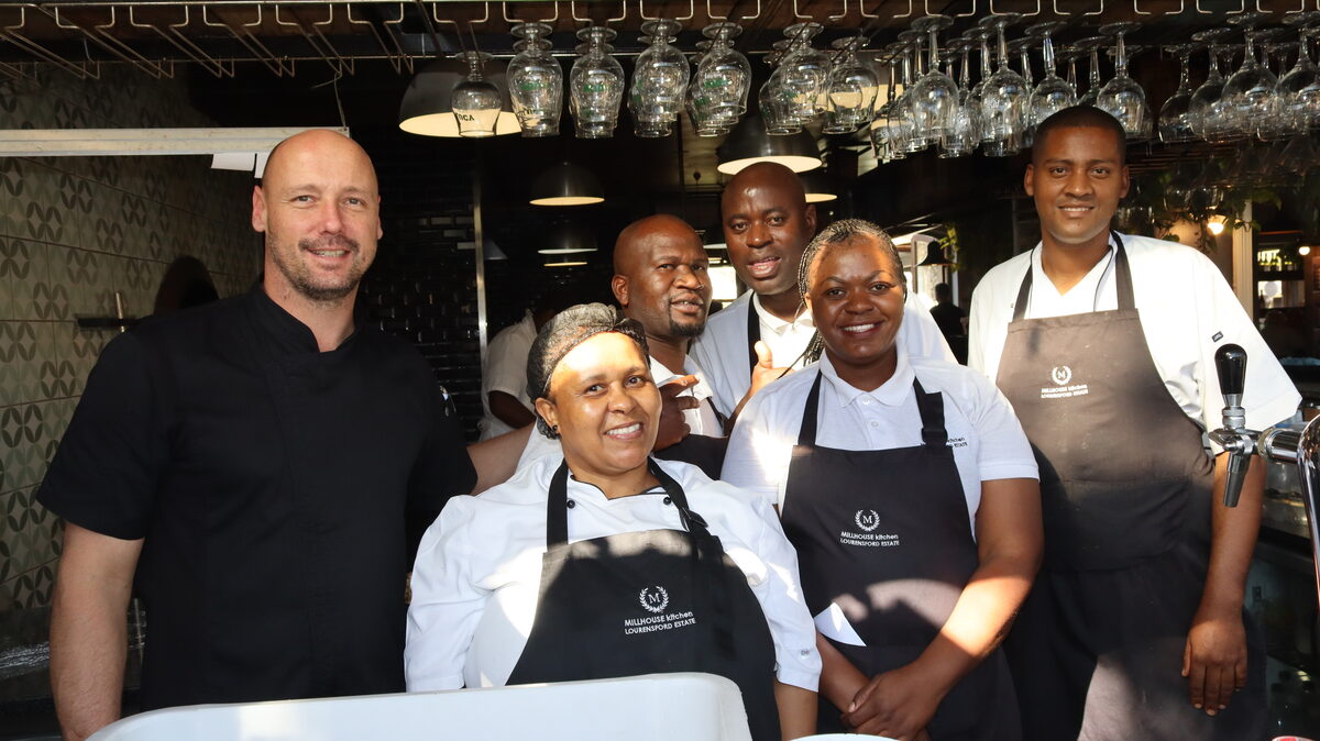 Millhouse Kitchen staff who hosted the book reading, with co-owner Boshoff and head chef Abrahams.