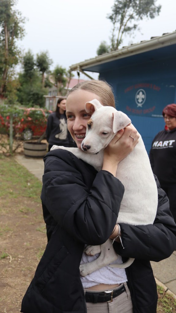 Mariette van Wyk snuggles with a rescue dog seeking adoption at HART's weekend adoption event in Somerset West.