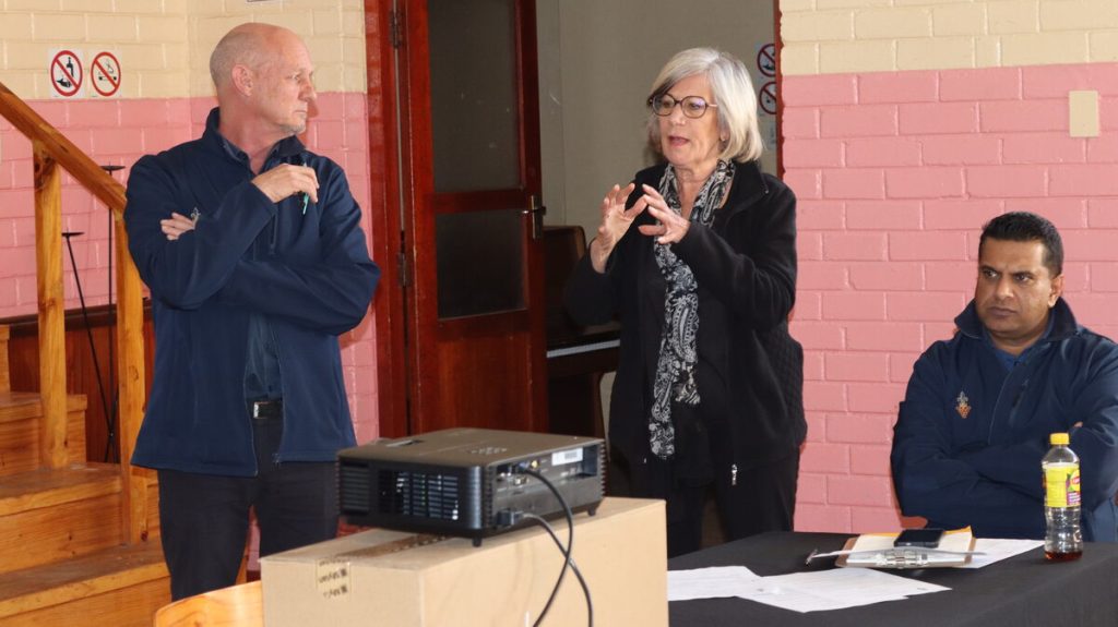 Speaker of the Stellenbosch Municipal Council Quinton Smith and chief whip Patricia Crawley address Eskom representatives during the Raithby community engagement session.  Photo: Barend Williams