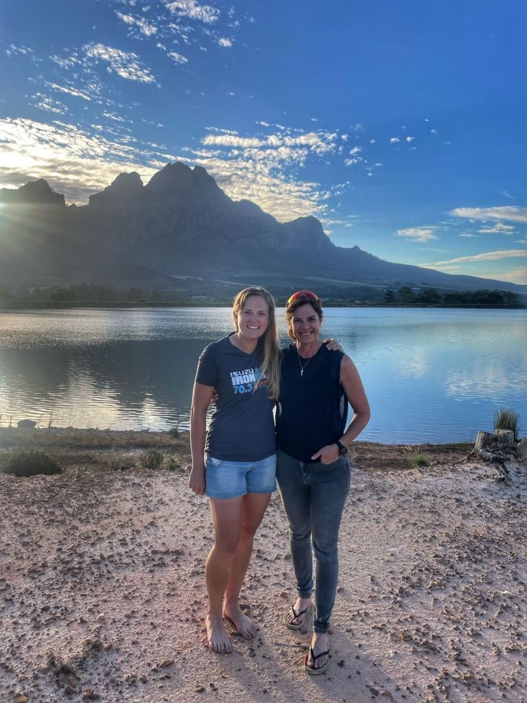 Carla Annas and her coach, Annchen Clarke, before an open water dam swim.