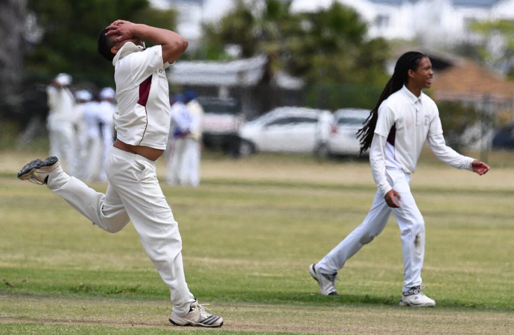 Charl Katts bowling for Helderberg CC shows off his disappointment at a near miss...