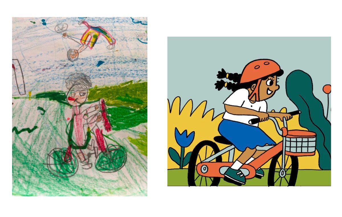 Kinder se tekening van 'n meisie wat fiets ry, geverf op skooltmuur