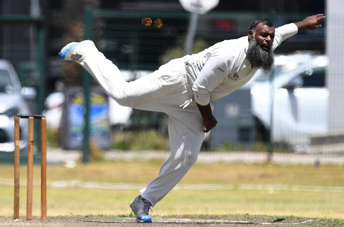 Veteran HHCC all-rounder, Abdul Aziz Temoor, in action with the ball. Photos: Peter Bee