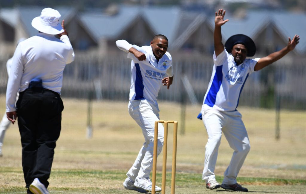 Ebrahim Latief and Sharwaan Naidoo of Strand CC celebrate the umpire lifting the dreaded finger in their match against Khayelitsha CC at Gustrouw Sports Ground on Saturday. Photo: Peter Bee