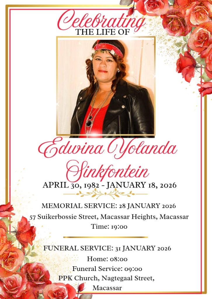 Grafiek met begrafnisbesonderhede vir die wyle Edwina Sinkfontein, insluitend datum en tyd van dienste