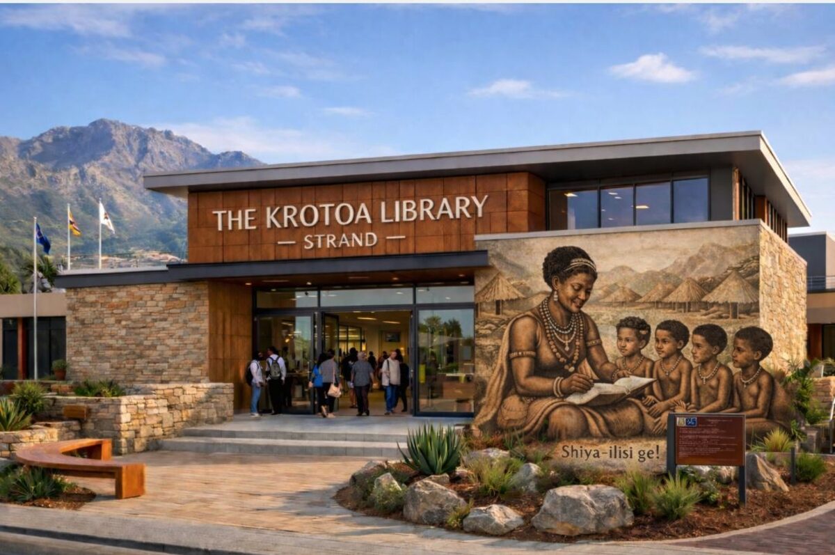 KI-gegenereerde beeld van 'n moderne biblioteekgebou met tradisionele Khoi-khoi-elemente en natuurlike omgewing.