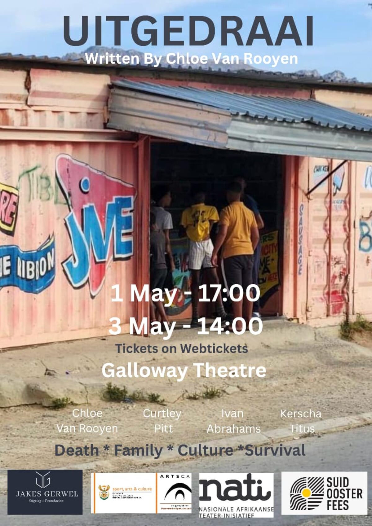  Uitgedraai word op 1 en 3 Mei by Galloway-teater opgevoer. Kaartjies kos R100 via Webtickets.