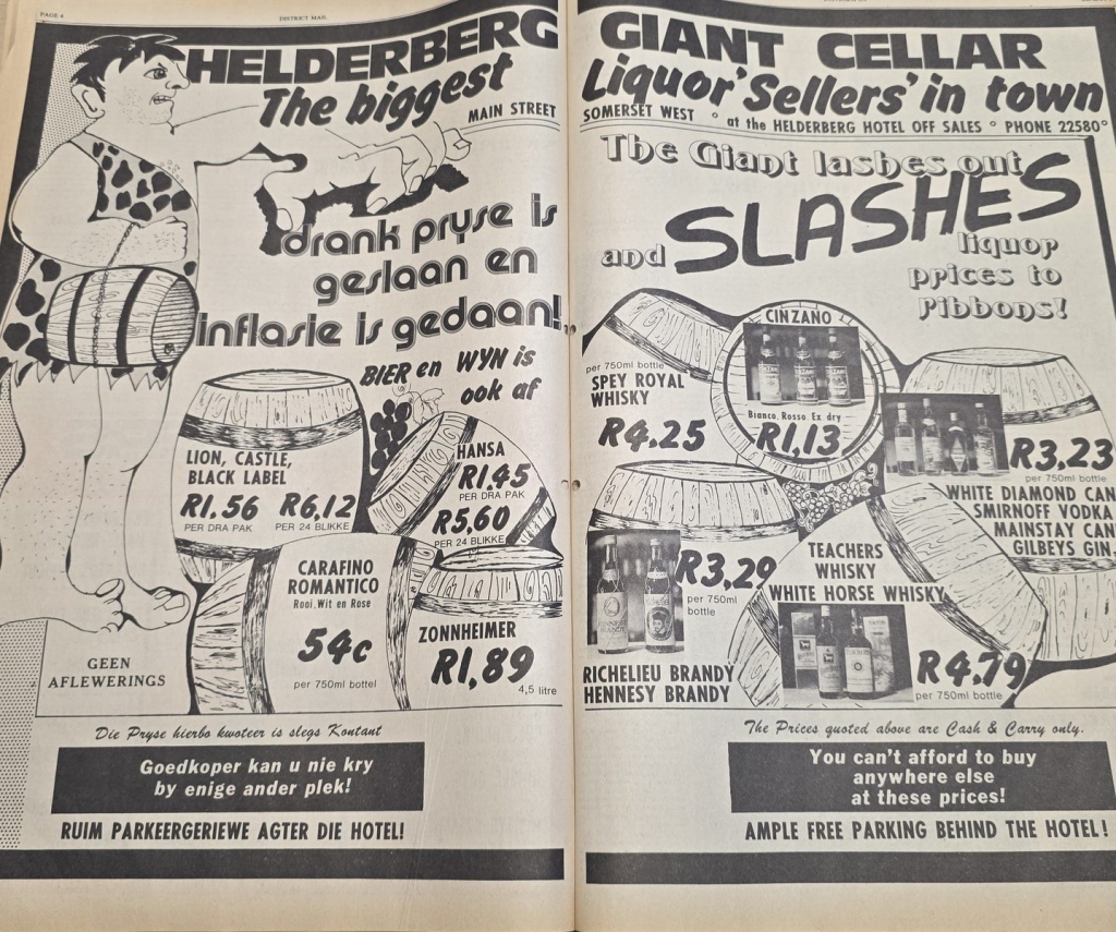 Ronnie Hirsch's 1976 DistrictMail liquor advert offering a six-pack for R1,56, brandy for R3,29 and vodka for R3,23.