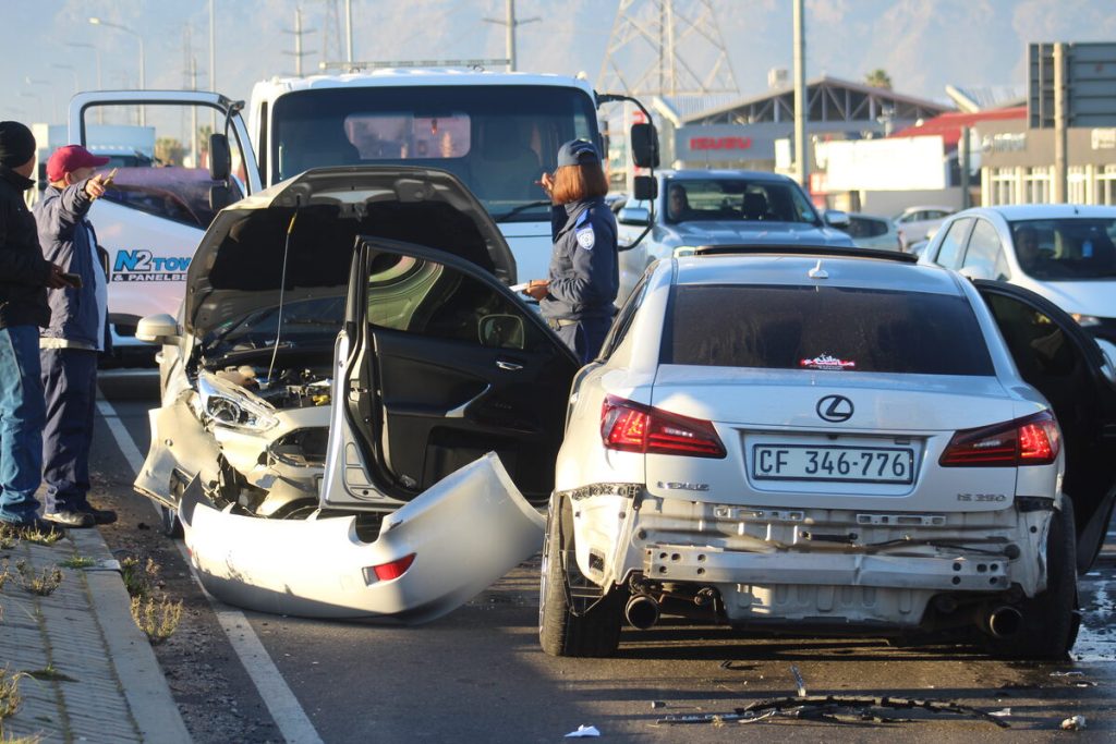 A Lexus driver crossed the centre median on the N2 near Somerset West, triggering a four-vehicle collision and an arrest for reckless driving.
