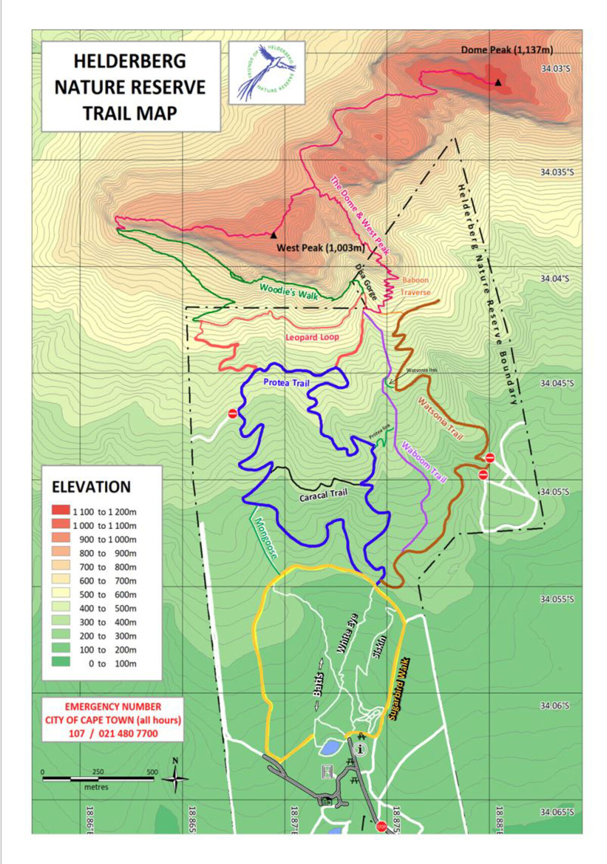 Map of the trails at Helderberg Nature Reserve.
