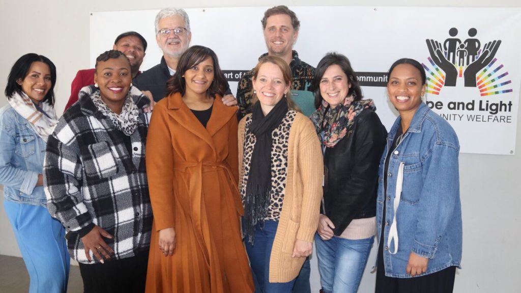 The Hope & Light team behind the collaboration event (behind, from left) are Bronwyn Wilson (manager, CYCC), Blackie Swart (school headmaster), Niel Immelman (director). Front: Lori Ann Marx (SoulBridgeSA, counsellor), Nontokozo Mangena (deputy principal, high school), Abrameshia Daniels (principal, ECD), Judith Hill (director), Caryn Maree and Venessa Sinkfontein (PA to directors).