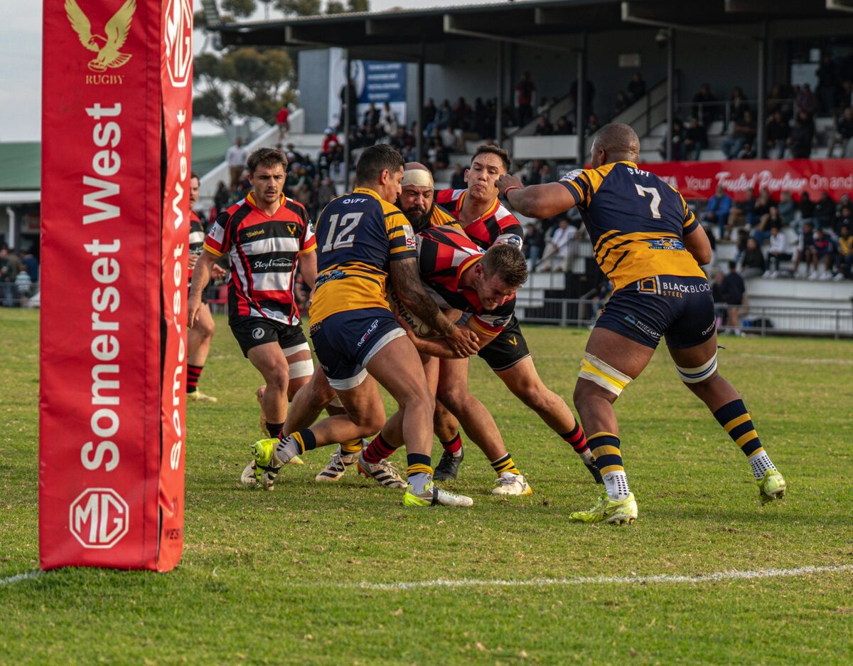 Erhard Lambrecht inches closer to the tryline for Berge in his side's 50-27 victory over Kuils River at the Charles Morkel Stadium in Strand on Saturday 18 July. Photo: RM Visuals