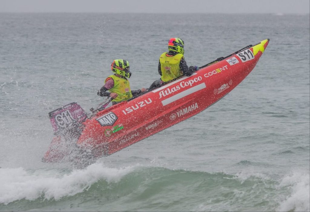 S11 Stock class champions Dylan Bamberger and co-pilot Carien Engelbrecht launch their Yamaha- powered Mako high above the surf, battling through treacherous conditions on their way to a first-place surf finish and a third-place overall podium at the national championships in Jeffreys Bay on Sunday 9 August.