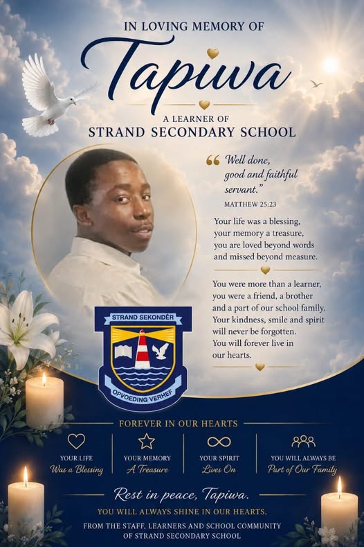 Strand Secondary School memorial poster honouring Grade 11 learner Tapiwa