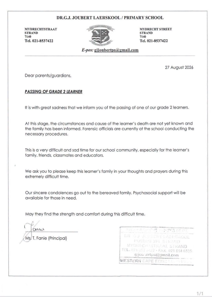 Facebook announcement from Dr GJ Joubert Primary School about Grade 2 learner death