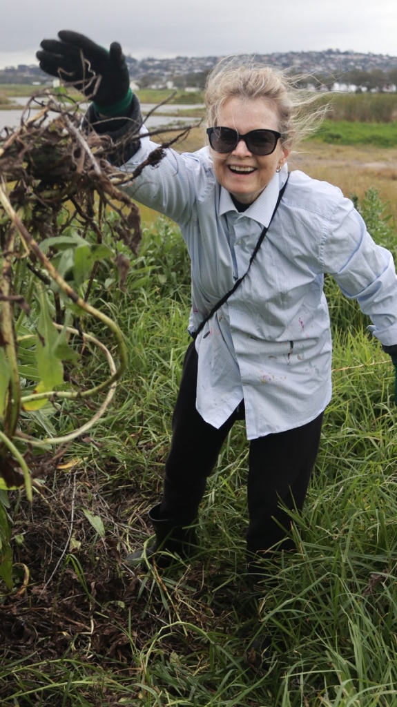 Alison Lombard tosses invasive plants at Paardevlei environmental hack.