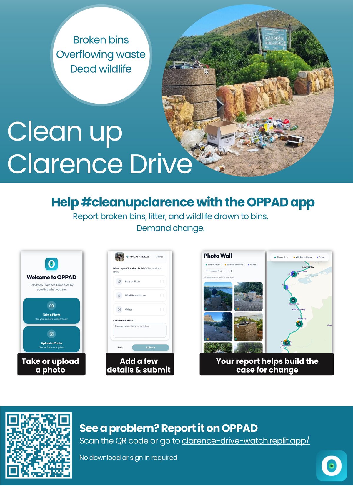 The Rooiels Conservancy launched the OPPAD mobile app, encouraging motorists to photograph and map broken bins and foraging wildlife along Clarence Drive to build public pressure.