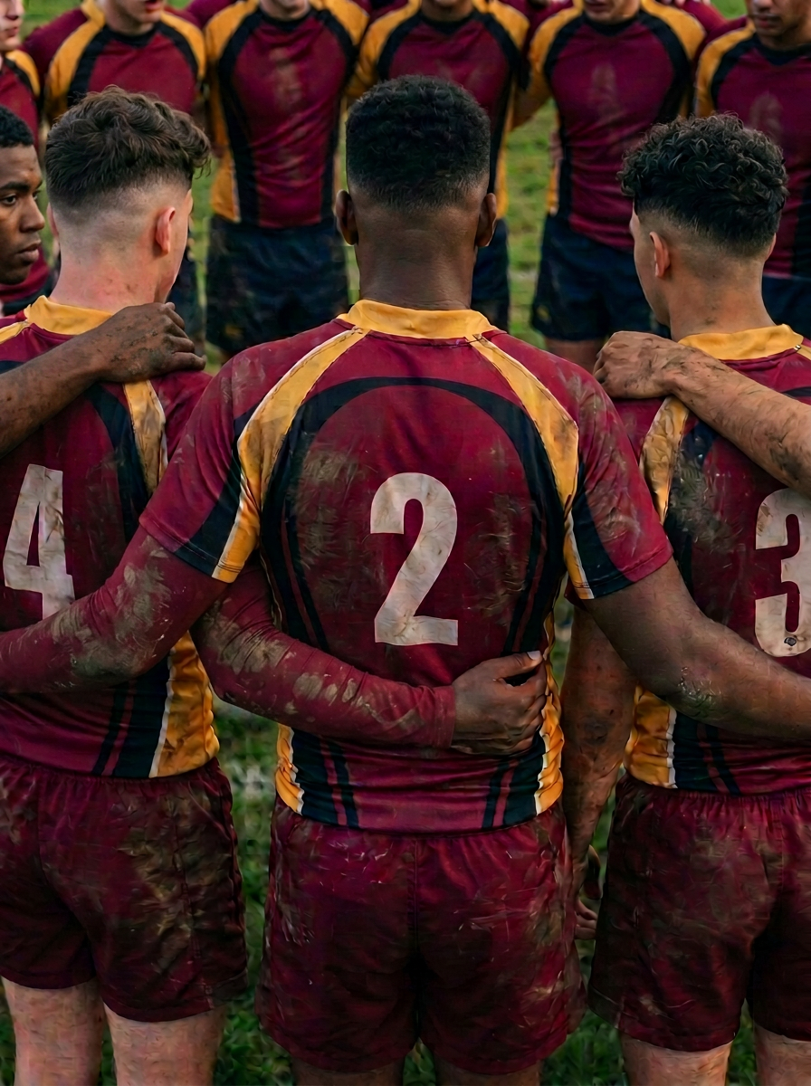 KI-gegenereerde beeld van 'n hoërskoolrugbyspan.